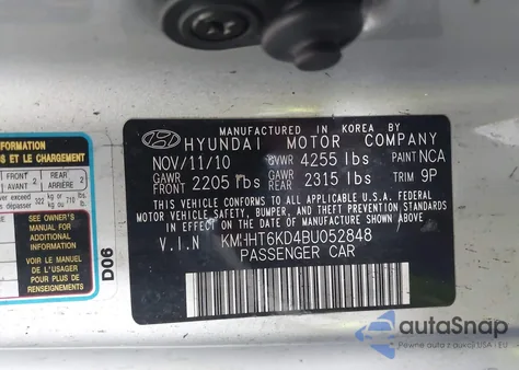 2011 Hyundai Genesis 2.0T z USA, uszkodzony, nr VIN KMHHT6KD4BU052848